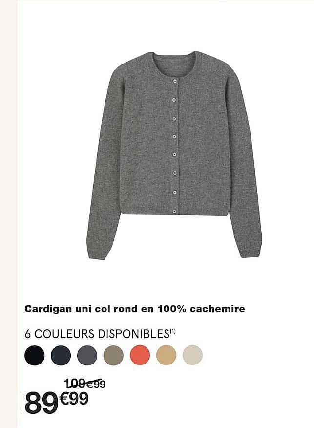 Cardigan uni col rond en 100% cachemire