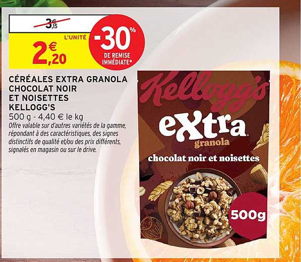 CÉRÉALES EXTRA GRANOLA CHOCOLAT NOIR ET NOISETTES KELLOGG’S