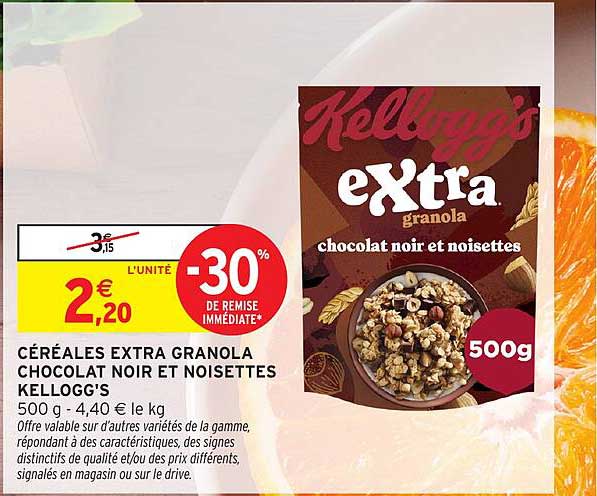 CÉRÉALES EXTRA GRANOLA CHOCOLAT NOIR ET NOISETTES KELLOGG'S