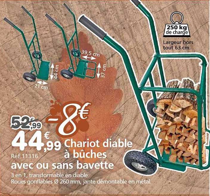 Chariot diable à bûches avec ou sans bavette