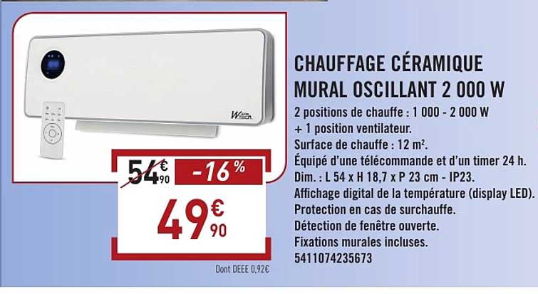 CHAUFFAGE CÉRAMIQUE MURAL OSCILLANT 2 000 W