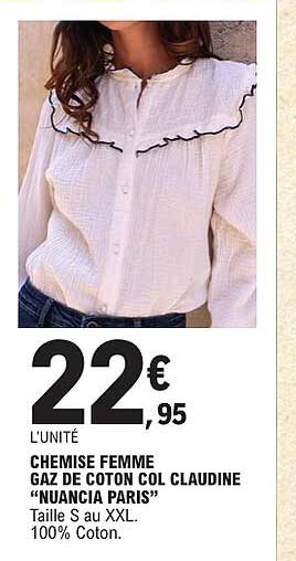 CHEMISE FEMME GAZ DE COTON COL CLAUDINE "NUANCIA PARIS"