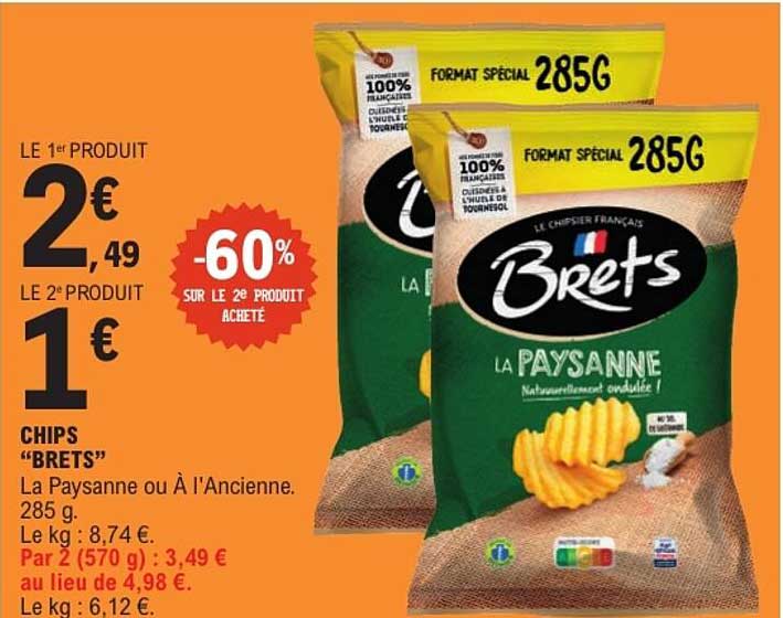 CHIPS "BRETS" La Paysanne ou À l’Ancienne. 285 g. -60% sur le 2e produit acheté