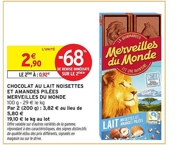 CHOCOLAT AU LAIT NOISETTES ET AMANDES PILÉES MERVEILLES DU MONDE