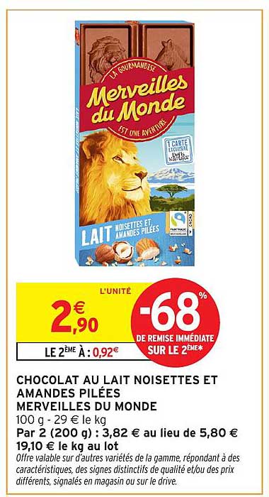 CHOCOLAT AU LAIT NOISETTES ET AMANDES PILEES MERVEILLES DU MONDE