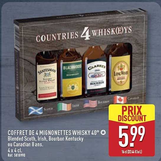 COFFRET DE 4 MIGNONETTES WHISKY 40° Blended Scoth, Irish, Bourbon Kentucky ou Canadian 8 ans. 4 x 4 cl.