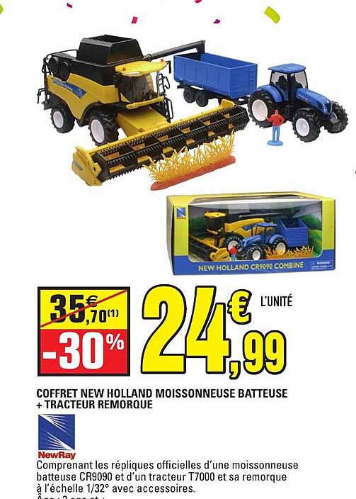 COFFRET NEW HOLLAND MOISSONNEUSE BATTEUSE + TRACTEUR REMORQUE
