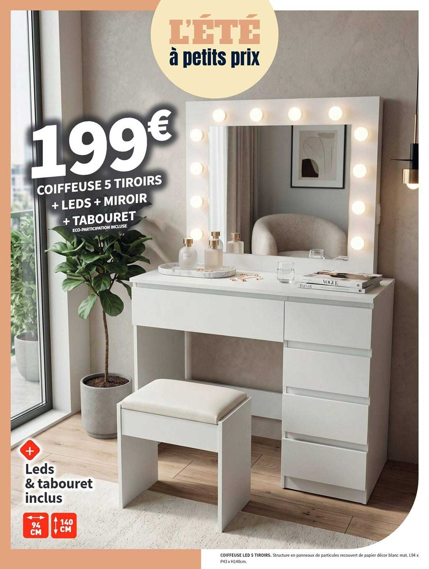 COIFFEUSE 5 TIROIRS + LEDS + MIROIR + TABOURET