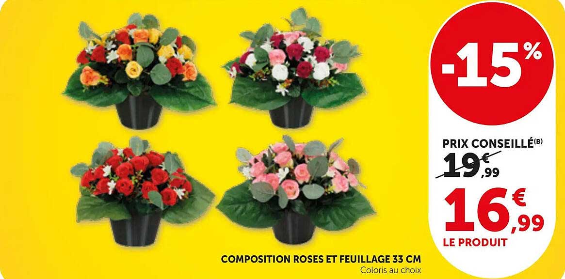 COMPOSITION ROSES ET FEUILLAGE 33 CM