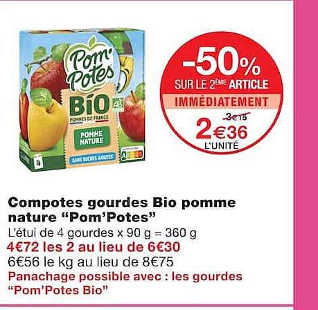 Compotes gourdes Bio pomme nature “Pom’Potes”