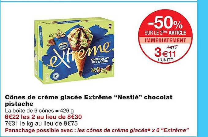 Cônes de crème glacée Extrême “Nestlé” chocolat pistache