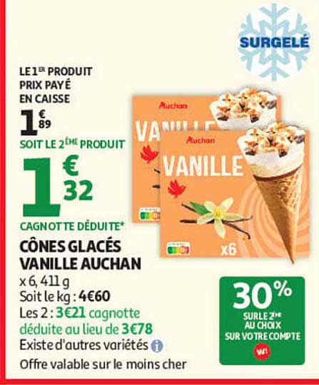 CÔNES GLACÉS VANILLE AUCHAN