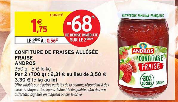 CONFITURE DE FRAISES ALLÉGÉE FRAISE ANDROS 350 g - 5 € le kg