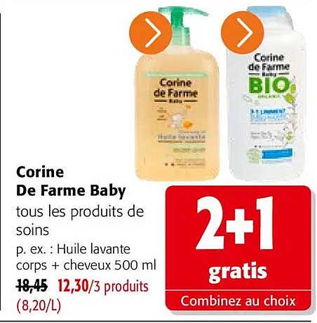 Corine De Farme Baby tous les produits de soins p. ex. : Huile lavante corps + cheveux 500 ml 2+1 gratis Combinez au choix