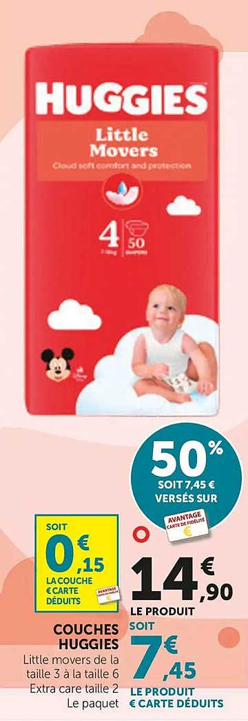 COUCHES HUGGIES Little Movers de la taille 3 à la taille 6 Extra care taille 2 Le paquet