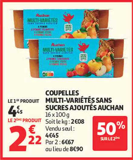 COUPELLES MULTI-VARIÉTÉS SANS SUCRES AJOUTÉS AUCHAN 16 x 100 g