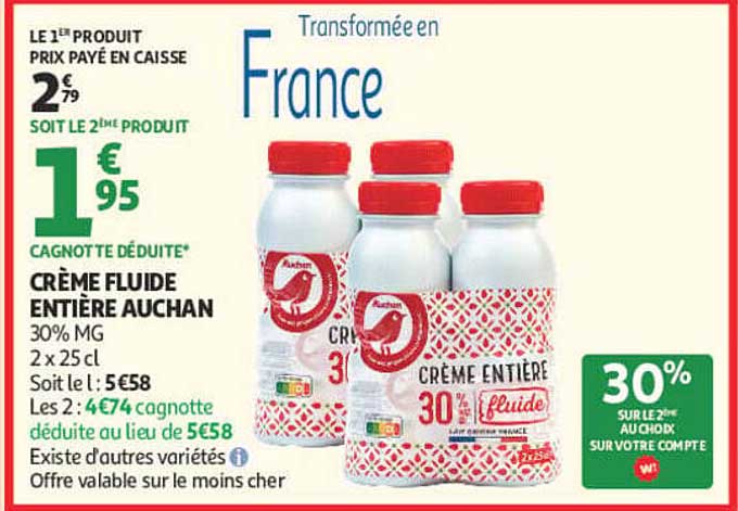 CRÈME FLUIDE ENTIÈRE AUCHAN 30% MG 2 x 25 cl