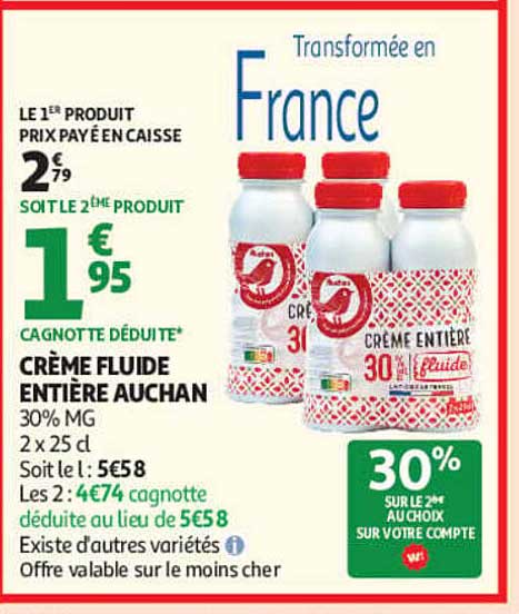 CRÈME FLUIDE ENTIÈRE AUCHAN 30% MG