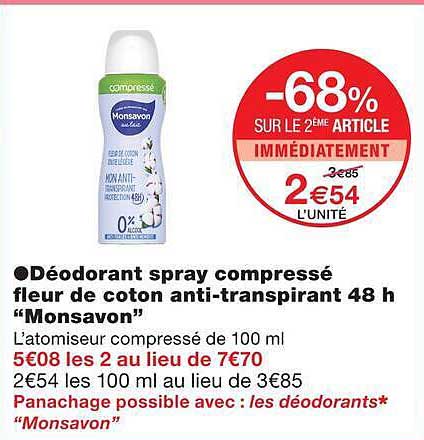 Déodorant spray compressé fleur de coton anti-transpirant 48 h “Monsavon”