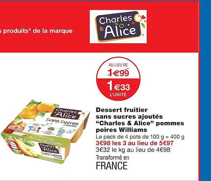 Dessert fruitier sans sucres ajoutés “Charles & Alice” pommes poires Williams