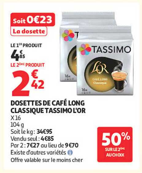 DOSETTES DE CAFÉ LONG CLASSIQUE TASSIMO L'OR