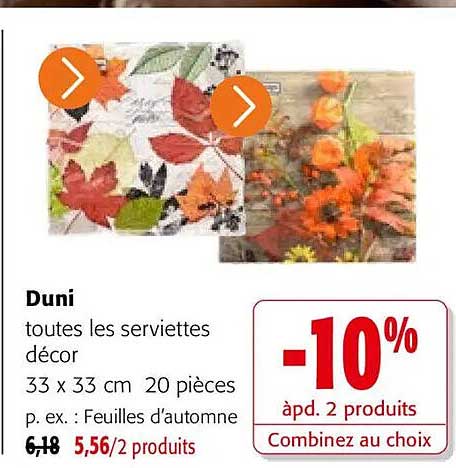 Duni toutes les serviettes décor 33 x 33 cm 20 pièces p. ex. : Feuilles d’automne -10% apd. 2 produits Combinez au choix