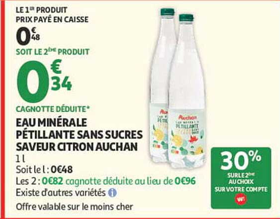 EAU MINÉRALE PÉTILLANTE SANS SUCRES SAVEUR CITRON AUCHAN