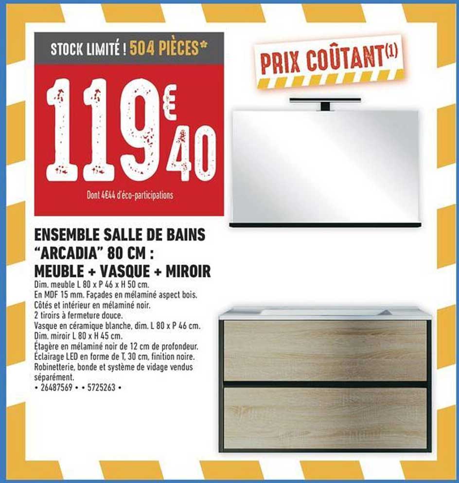 ENSEMBLE SALLE DE BAINS “ARCADIA” 80 CM : MEUBLE + VASQUE + MIROIR