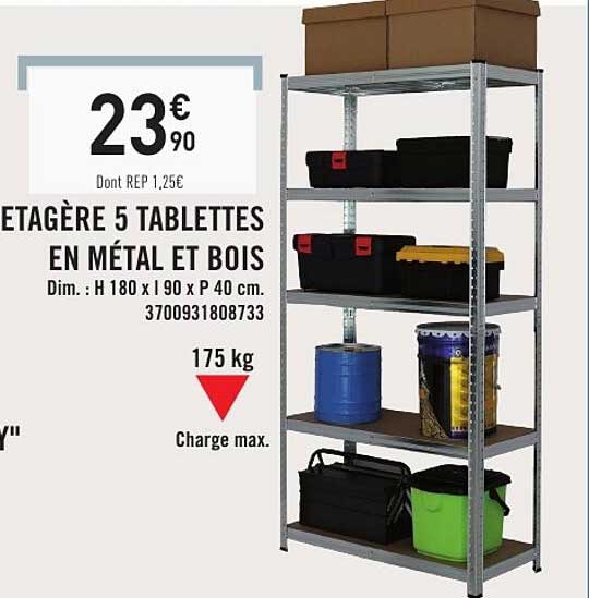 ETAGÈRE 5 TABLETTES EN MÉTAL ET BOIS