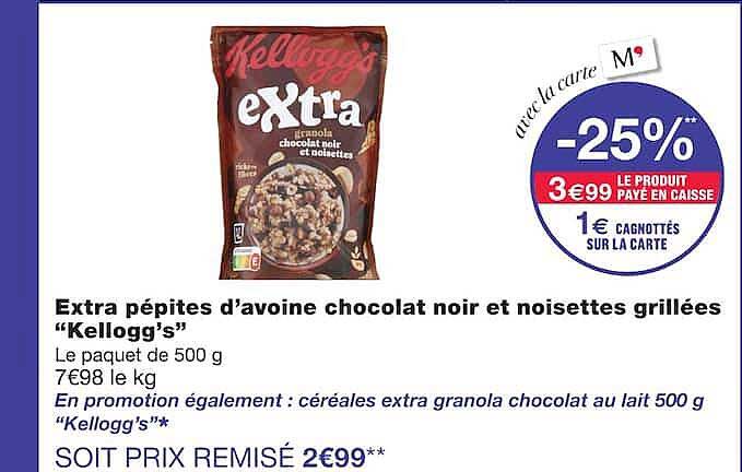 Extra pépites d’avoine chocolat noir et noisettes grillées “Kellogg’s”