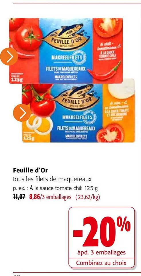 Feuille d’Or tous les filets de maquereaux p. ex. : À la sauce tomate chili 125 g