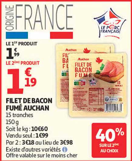FILET DE BACON FUMÉ AUCHAN 15 tranches 150 g
