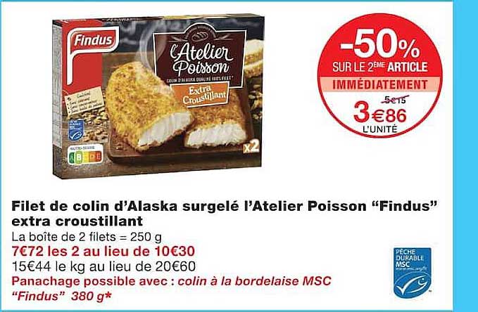 Filet de colin d’Alaska surgelé l’Atelier Poisson “Findus” extra croustillant
