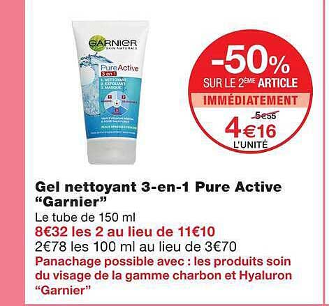 Gel nettoyant 3-en-1 Pure Active "Garnier"