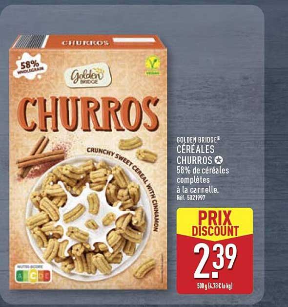 GOLDEN BRIDGE® CÉRÉALES CHURROS 58% de céréales complètes à la cannelle.