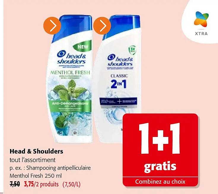 Head & Shoulders tout l'assortiment p. ex. : Shampooing antipelliculaire Menthol Fresh 250 ml 1+1 gratis Combinez au choix