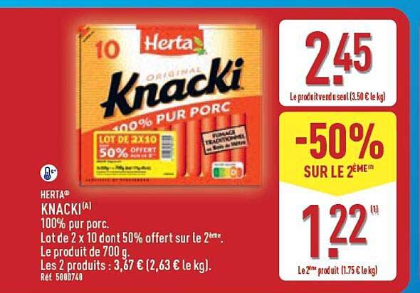 HERTA® KNACKI(A) 100% pur porc. Lot de 2 x 10 dont 50% offert sur le 2ème.