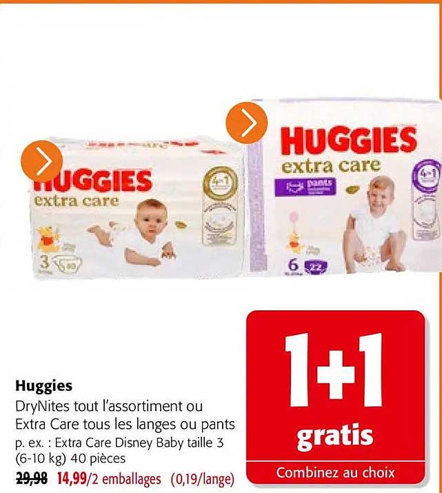 Huggies DryNites tout l’assortiment ou Extra Care tous les langes ou pants p. ex. : Extra Care Disney Baby taille 3 (6-10 kg) 40 pièces