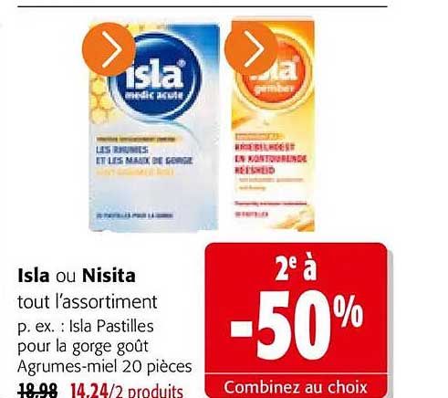 Isla ou Nisita tout l’assortiment p. ex. : Isla Pastilles pour la gorge goût Agrumes-miel 20 pièces 2e à -50% Combinez au choix