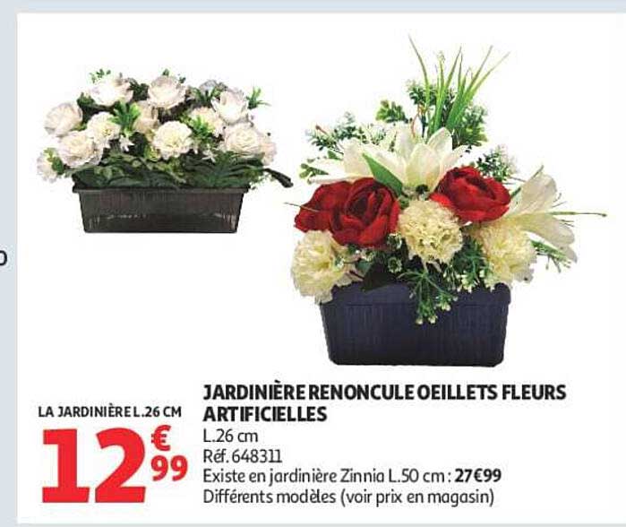 JARDINIÈRE RENONCULE OEILLETS FLEURS ARTIFICIELLES