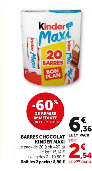 Kinder Maxi 20 barres Bon plan -60% de remise immédiate sur le 2ème pack
