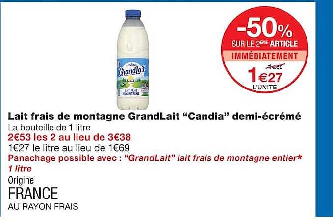 Lait frais de montagne GrandLait “Candia” demi-écrémé