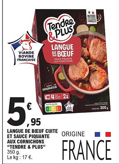 LANGUE DE BOEUF CUITE ET SAUCE PIQUANTE AUX CORNICHONS “TENDRE & PLUS” 350 g