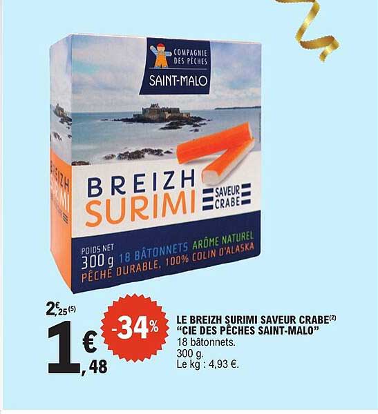 LE BREIZH SURIMI SAVEUR CRABE «CIE DES PÊCHES SAINT-MALO» 18 bâtonnets. 300 g.