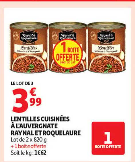 LE LOT DE 3 LENTILLES CUISINÉES À L'AUVERGNATE RAYNAL ET ROQUELAURE