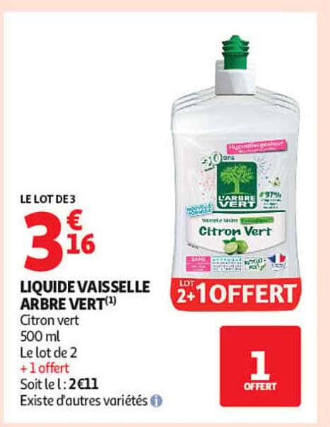 LE LOT DE 3 LIQUIDE VAISSELLE ARBRE VERT Citron vert 500 ml Le lot de 2 + 1 offert