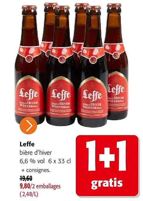 Leffe bière d'hiver 6,6 % vol 6 x 33 cl + consignes. 1+1 gratis