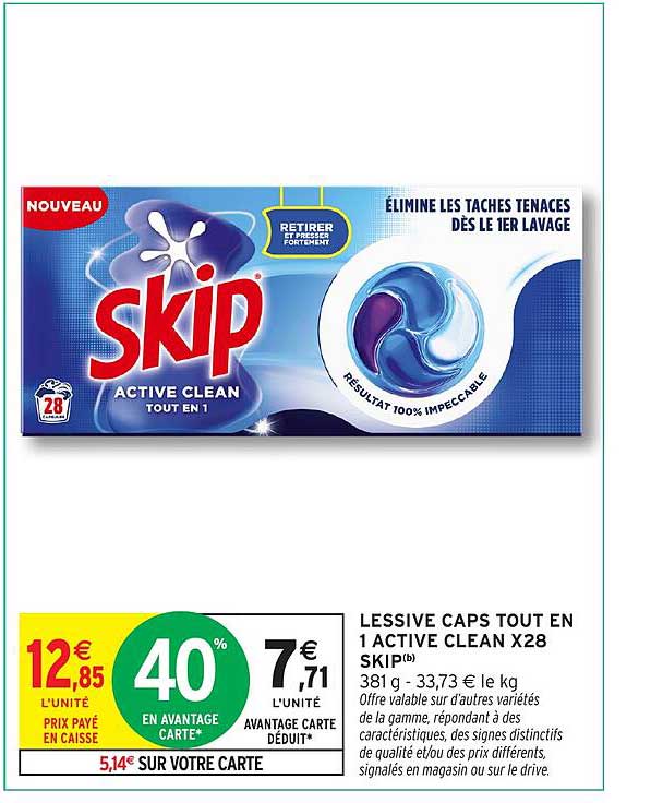 LESSIVE CAPS TOUT EN 1 ACTIVE CLEAN X28 SKIP