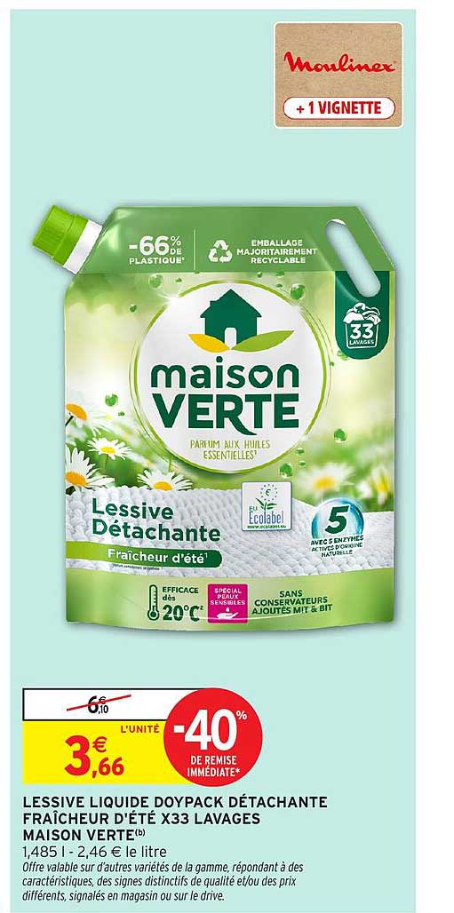LESSIVE LIQUIDE DOYPACK DÉTACHANTE FRAÎCHEUR D'ÉTÉ X33 LAVAGES MAISON VERTE(b)