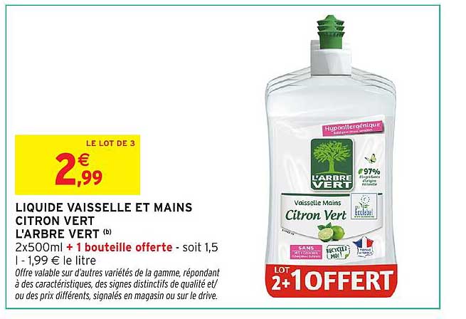 LIQUIDE VAISSELLE ET MAINS CITRON VERT L'ARBRE VERT (b) 2x500ml + 1 bouteille offerte - soit 1,5 l - 1,99 € le litre